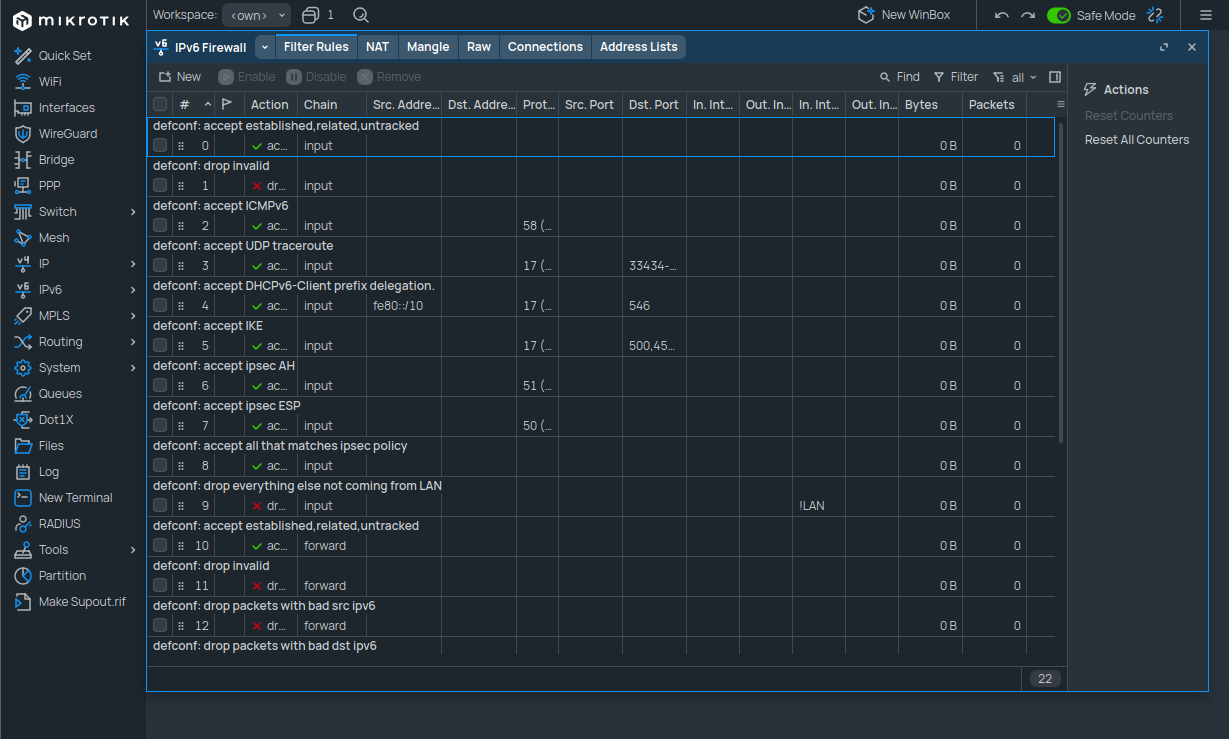 A screenshot of WinBox showing IPv6 firewall filter rules before the modification.