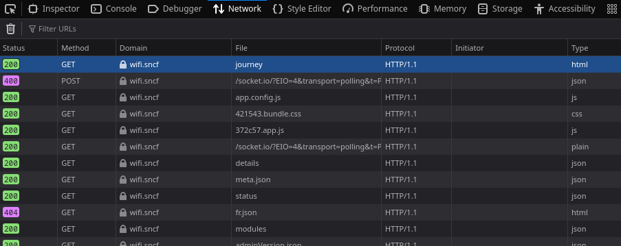 A screenshot from the inspect "network" tab opened on the journey dashboard showing a bunch of assets being requested.