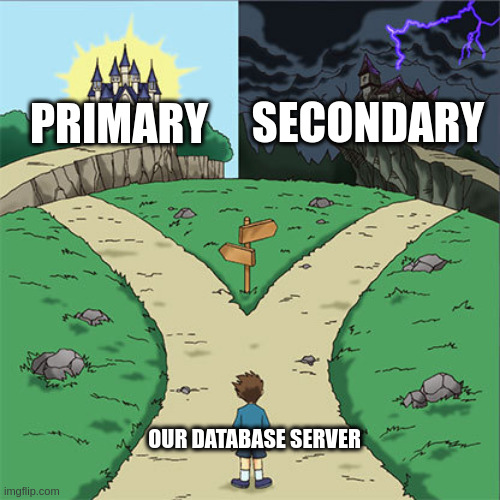 A meme showing a database server having a choice to make, either Primary or Secondary.