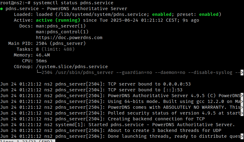 A screenshot from the 'systemctl status pdns.service' command showing it alive and running.