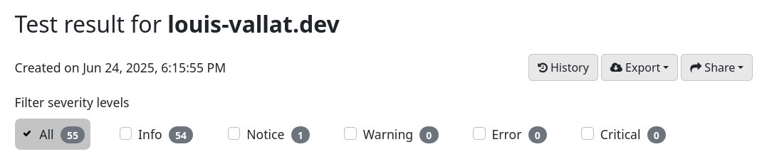 A screenshot from the Zonemaster verification tool, showing results for 'louis-vallat.dev' with no issue found.