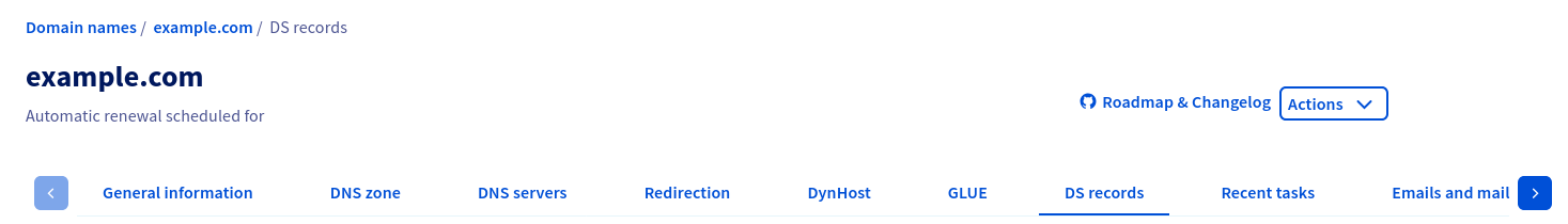 A screenshot from the OVH domain management panel